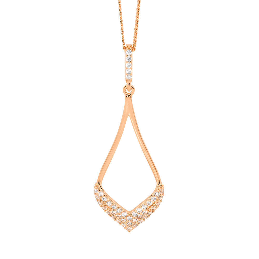 SS open tear drop pendant 40mm w/wh cz pave & rose gold plating and chain