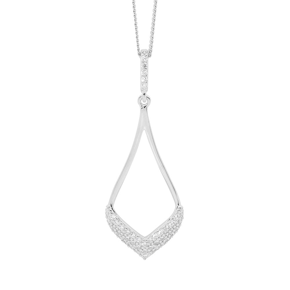 SS open tear drop pendant 40mm w/wh cz pave pendant and chain