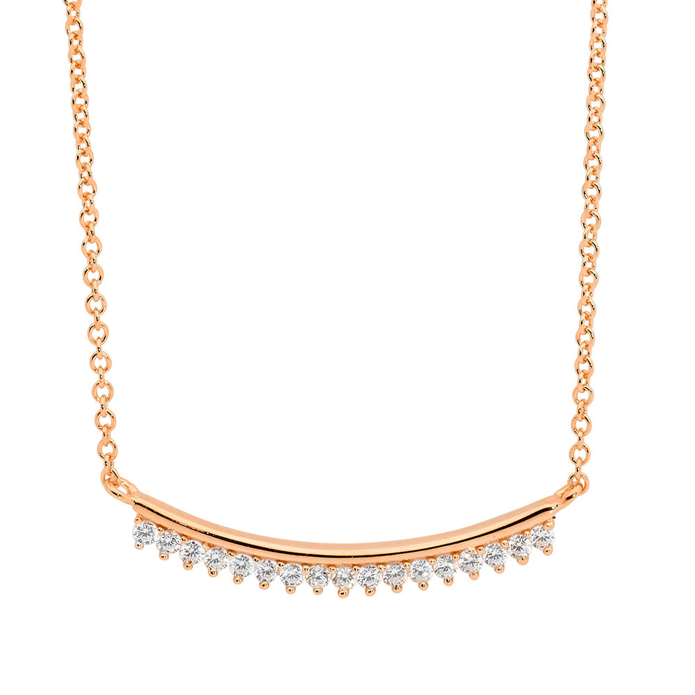 SS 25mm curved bar, claw set wh cz, 42+5cm necklace w/rose gold plating and chain