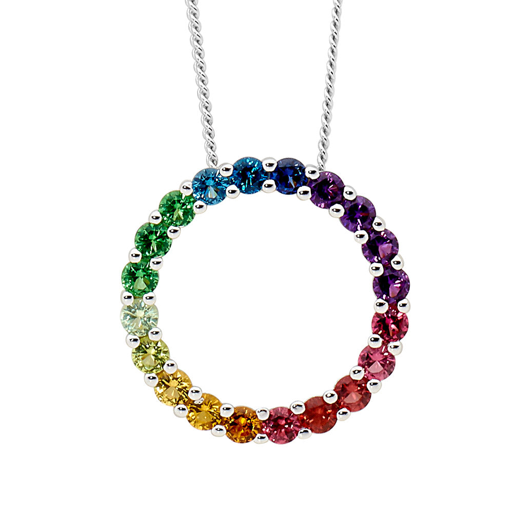 SS multi colour cz claw set 17mm open circle pendant and chain