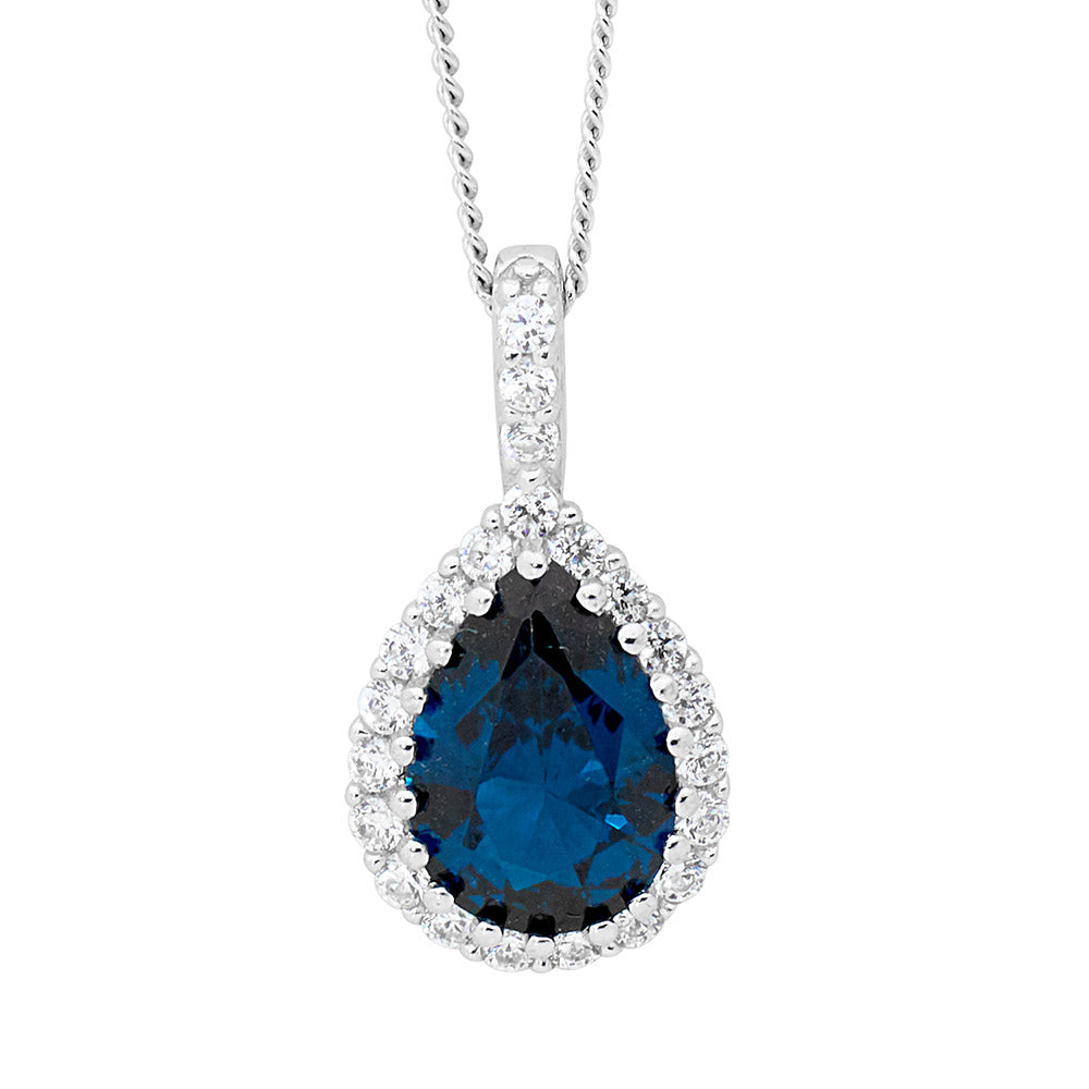 SS london blue pear cz, wh cz surround drop pendant and chain