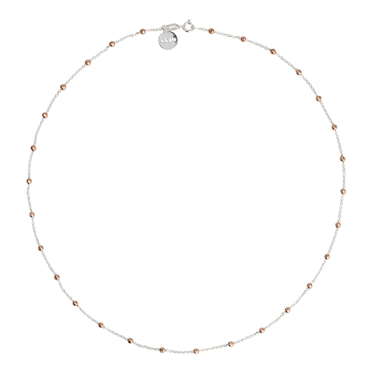 Silver, dia cut Rose gold plated balls throughout chain