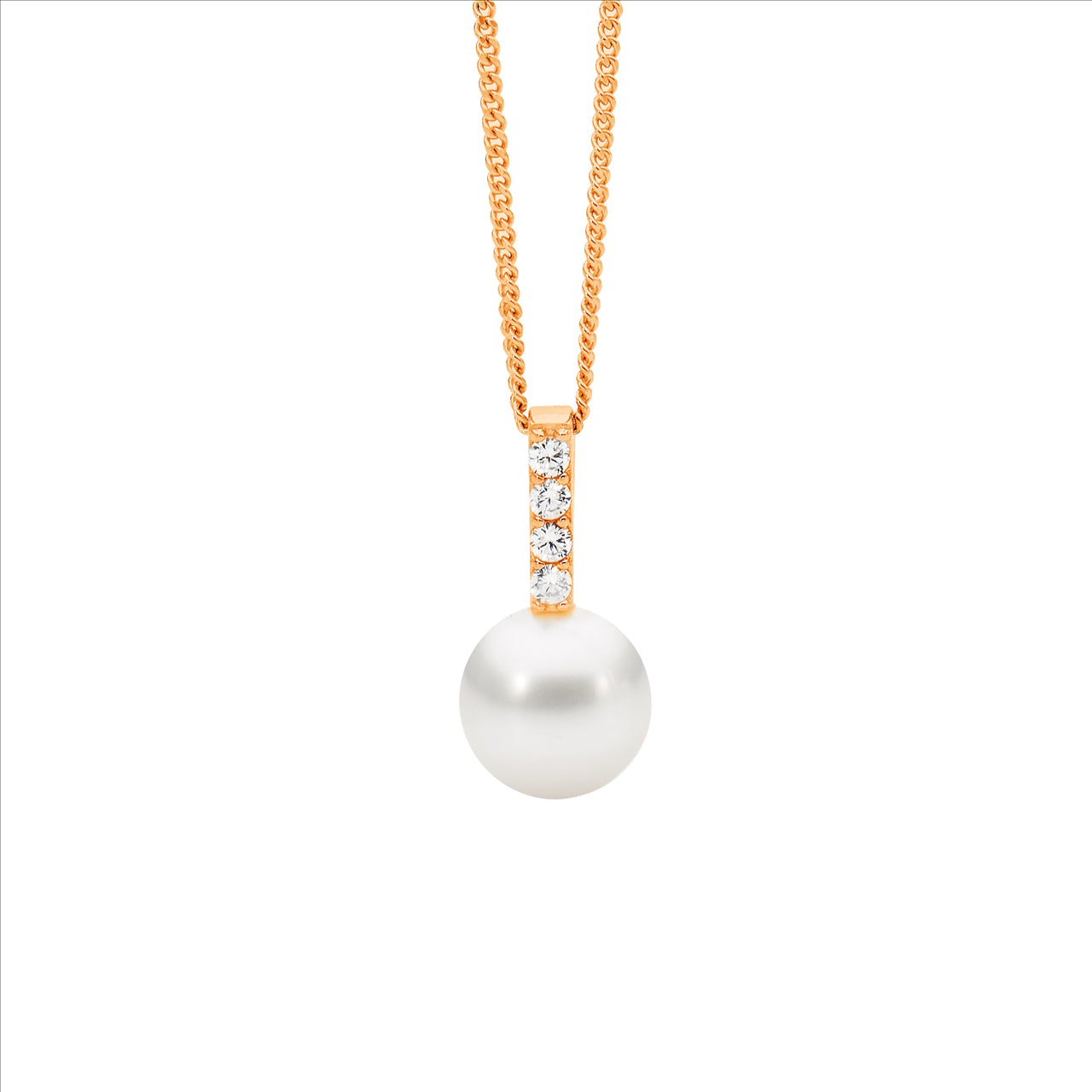 Silver, rose gold plated, CZ and freshwater pearl pendant and chain