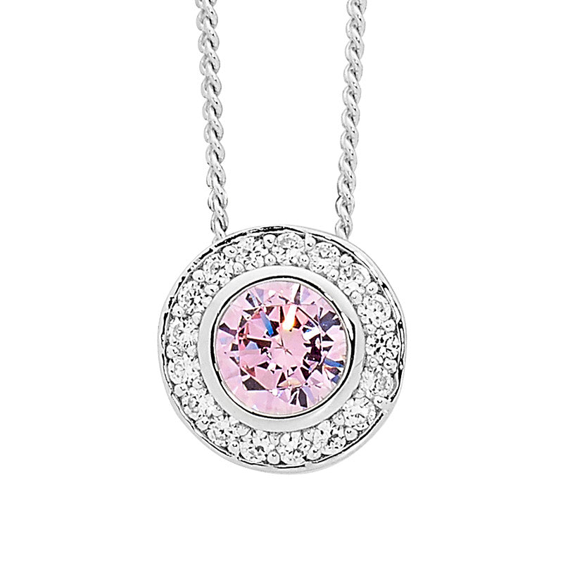 SS Round Light Pink CZ Sol. w/ WH CZ Claw Surround Pendant and chain