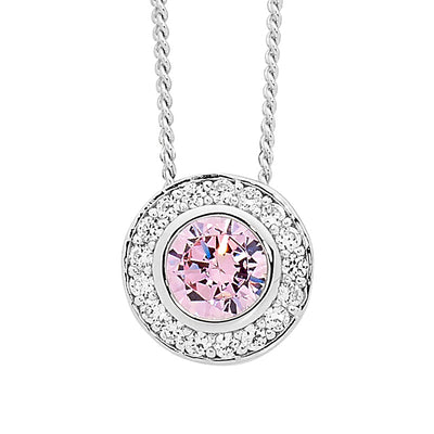 SS Round Light Pink CZ Sol. w/ WH CZ Claw Surround Pendant and chain