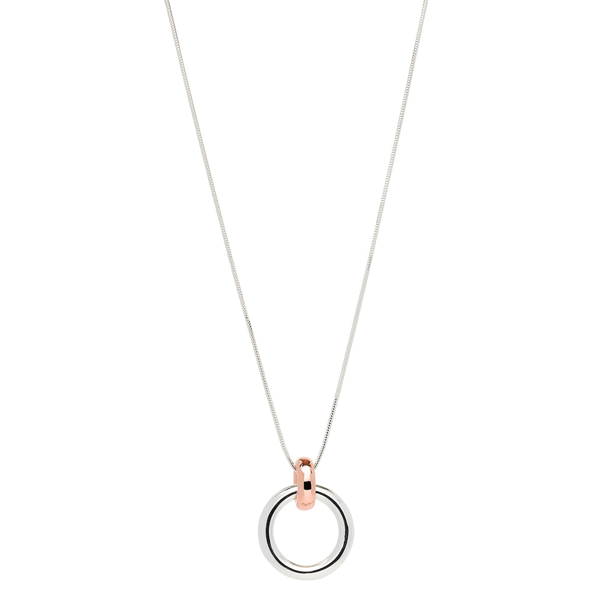 Silver, double circle hollow pendant, one circle rose gold plated. And chain