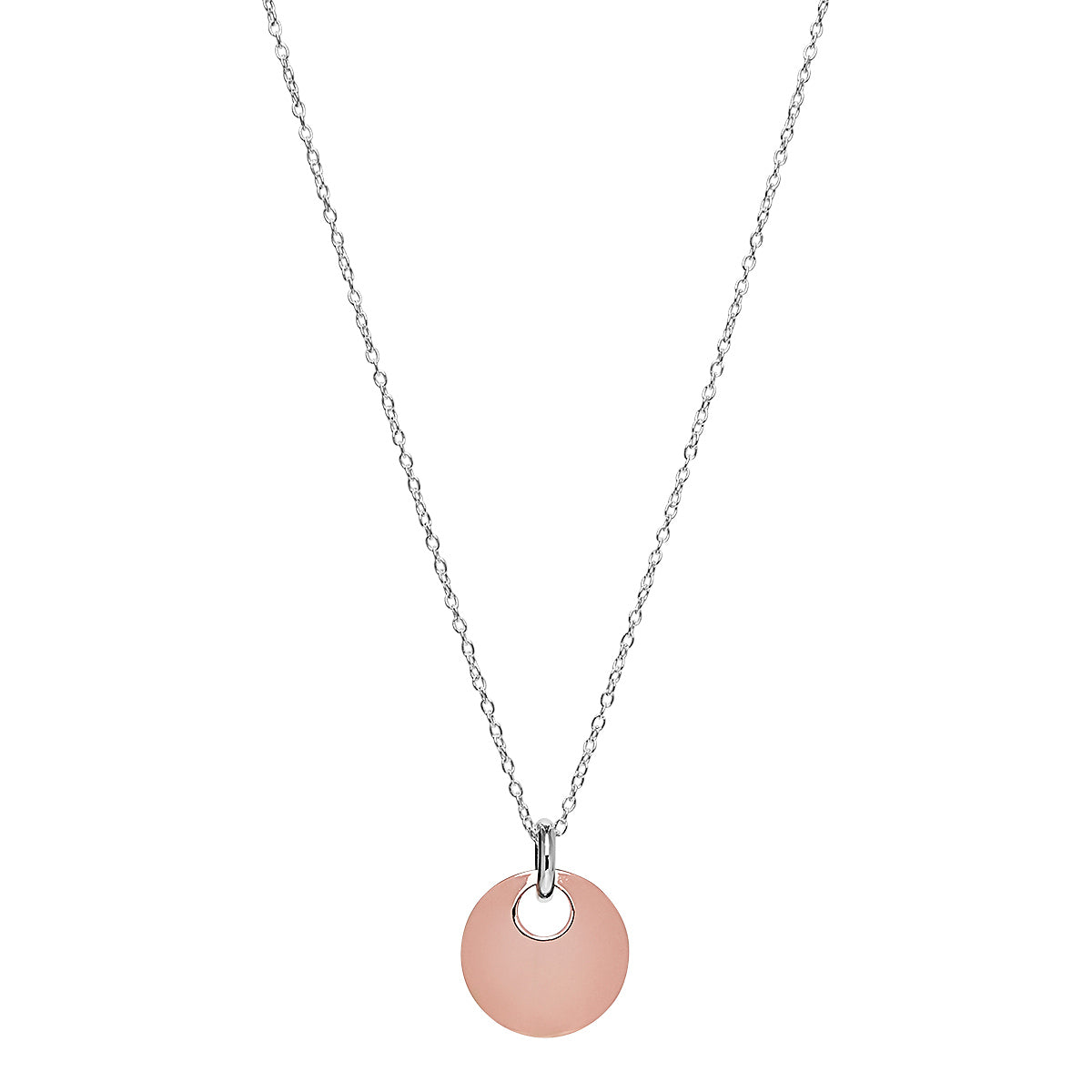 18mm RG plated silver puff disc pendant on trace chain, antitarnish