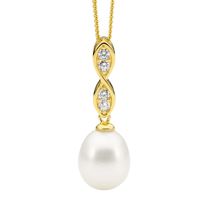 SS WH CZ Twist Drop Pendant w/ Freshwater Pearl & Gold Plating and chain