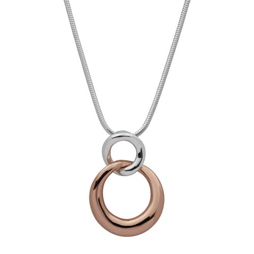 Silver, double circle tapered hollow pendant (20x28mm), one circle rose gold plated, and chain.