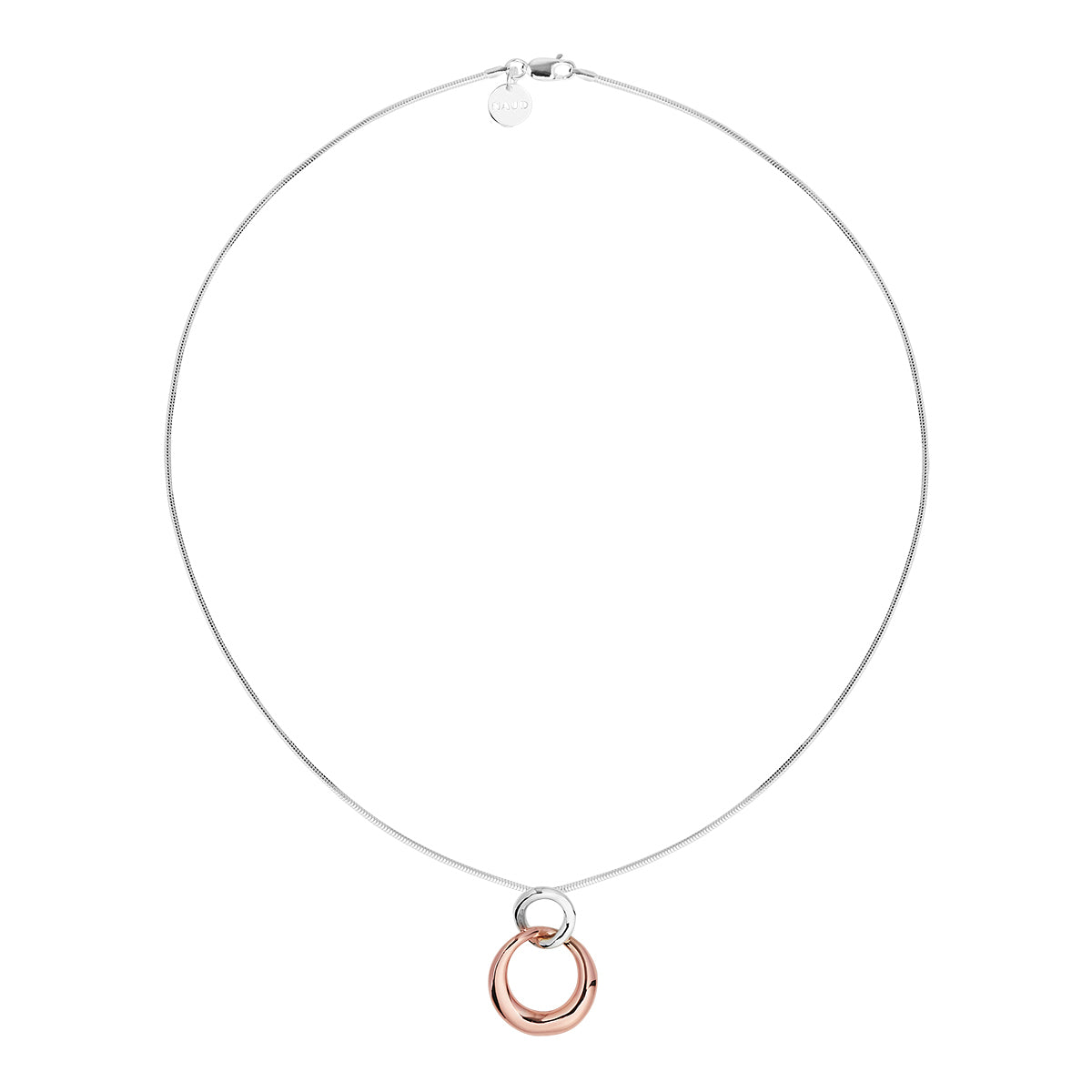 Silver, double circle tapered hollow pendant (20x28mm), one circle rose gold plated, and chain.