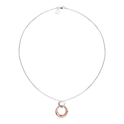 Silver, double circle tapered hollow pendant (20x28mm), one circle rose gold plated, and chain.