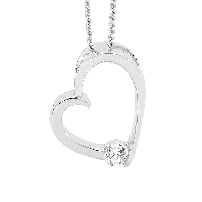 Silver, open heart pendant w one CZ and chain