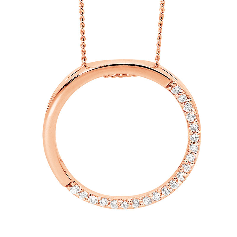 Silver, opne circle rose gold plated pendant half set with CZ's and chain