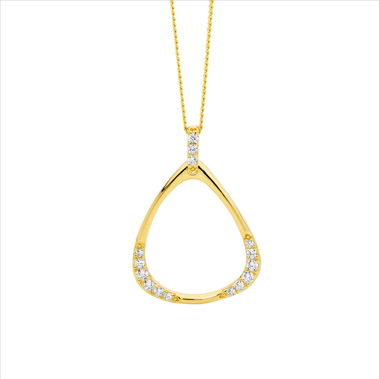 SS WH CZ open triangle drop pendant w/ gold plating and chain