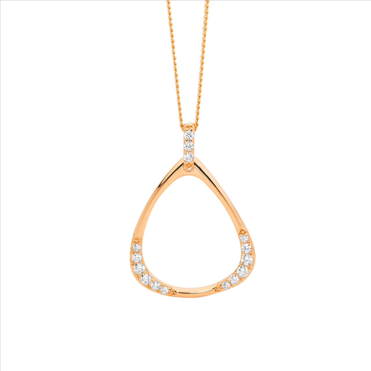 SS WH CZ open triangle drop pendant w/ rose gold plating and chain