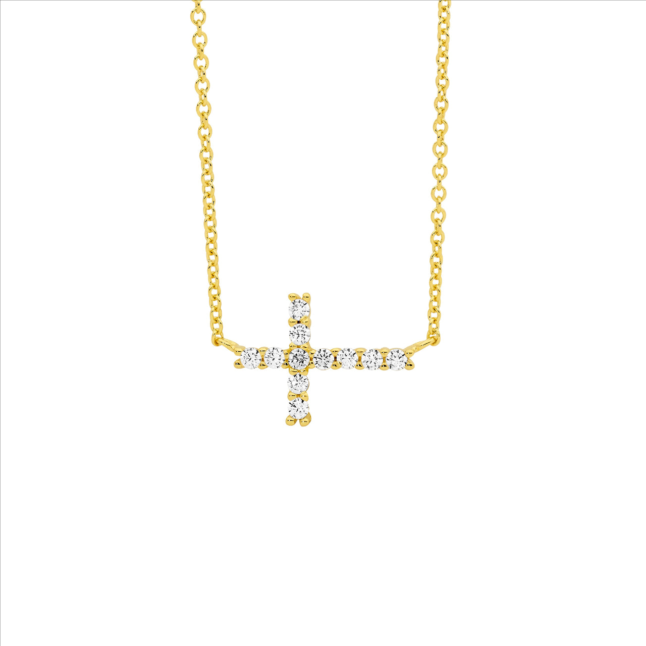 SS WH CZ Sml Cross Pendant w/ Attached Chain & gold plating and chain