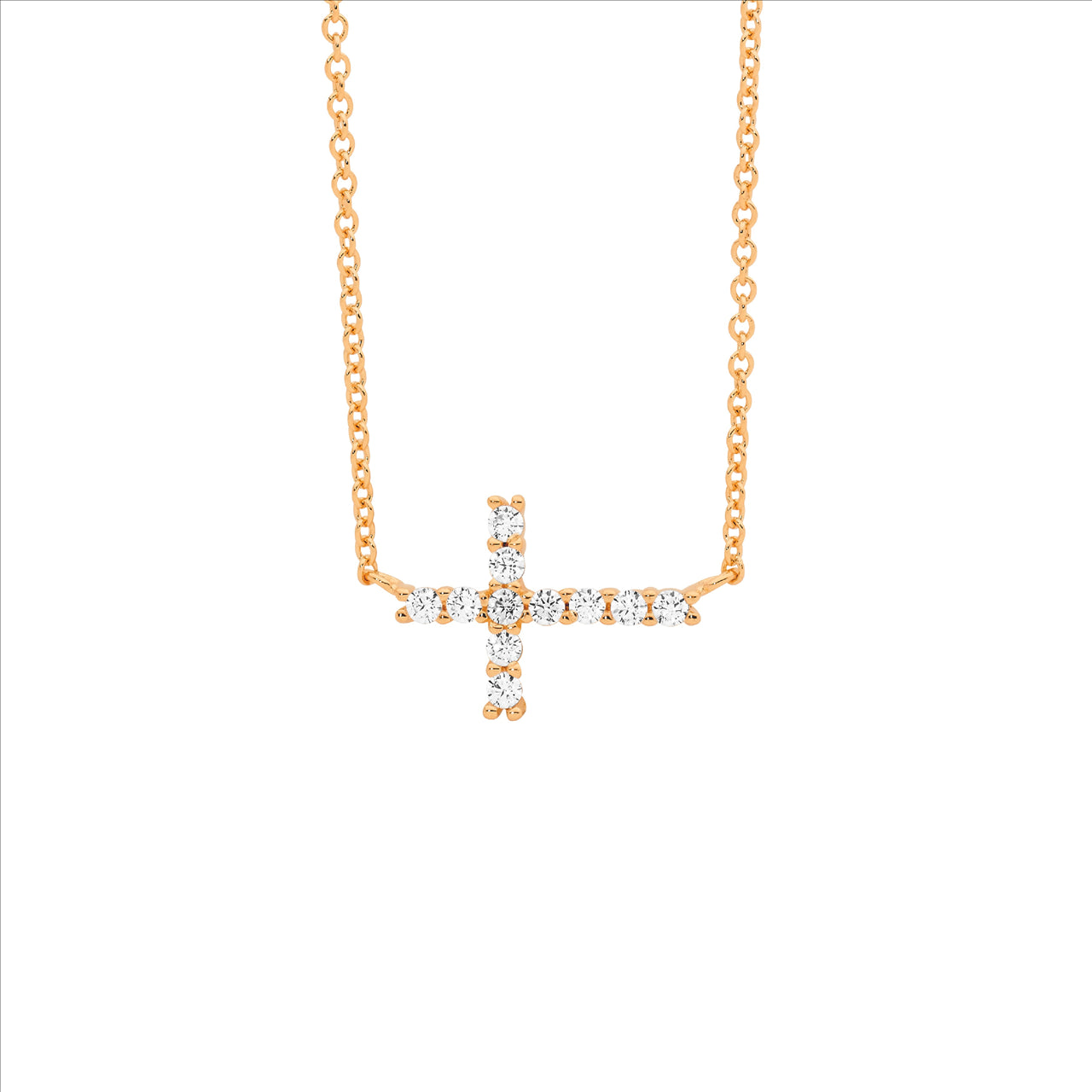 SS WH CZ Sml Cross Pendant w/ Attached Chain & rose gold plating and chain