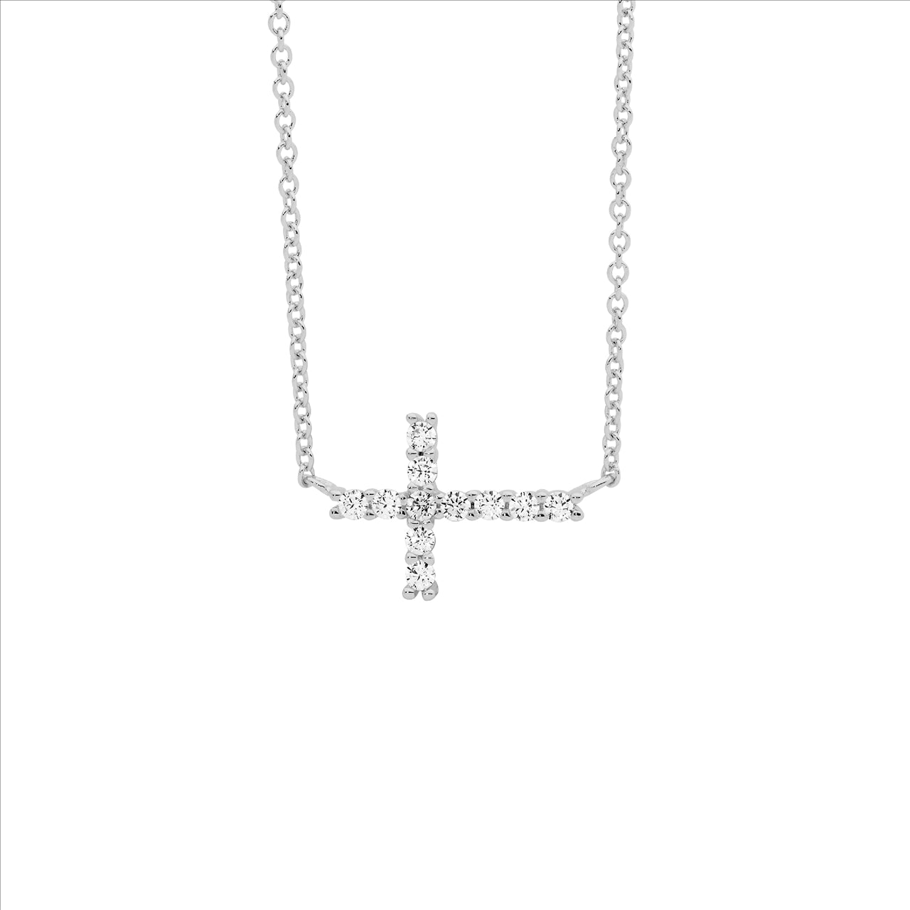 SS WH CZ Sml Cross Pendant w/ Attached Chain