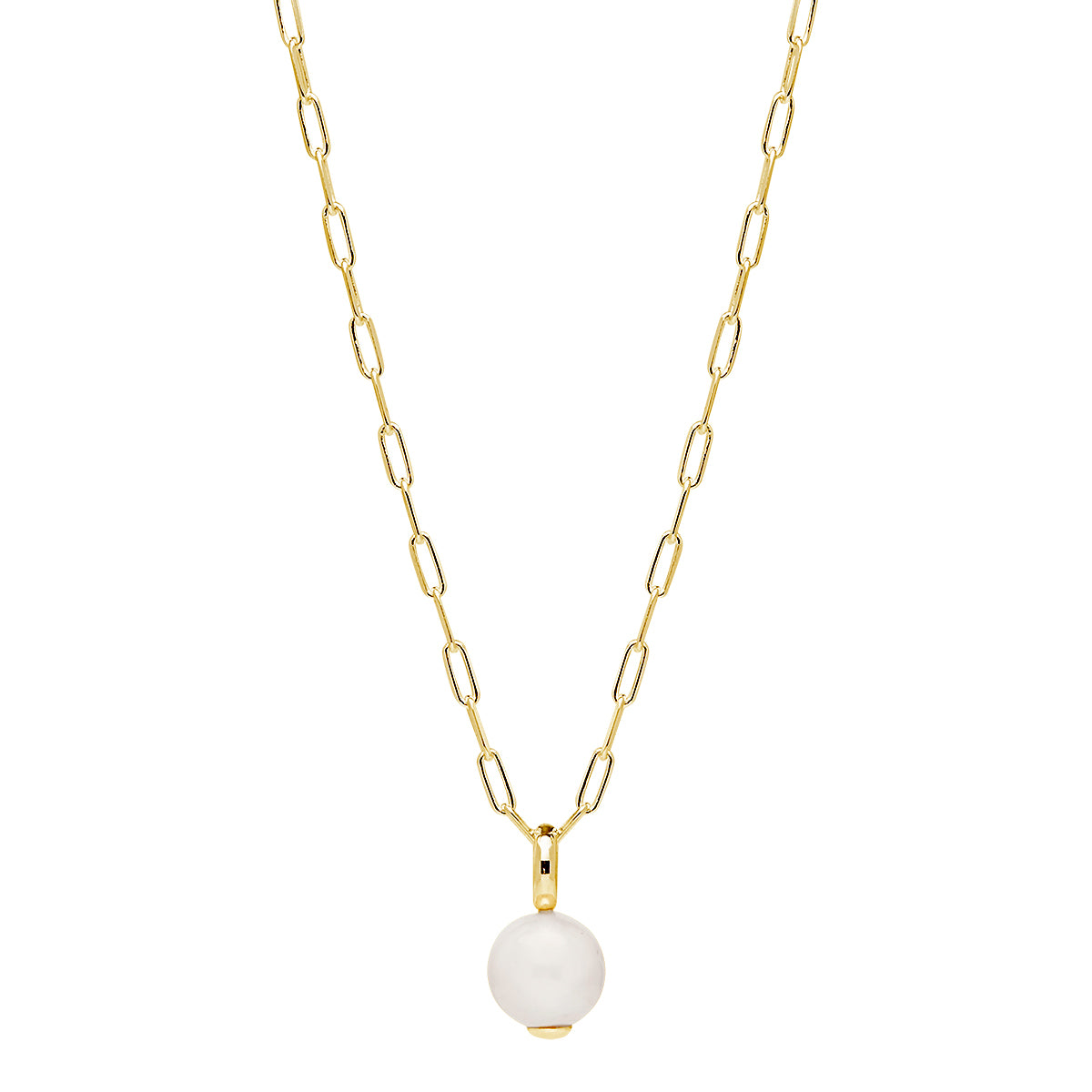 Silver, gold plated, open link chain w white Freshwater round Pearl (10-11mm) drop pendant