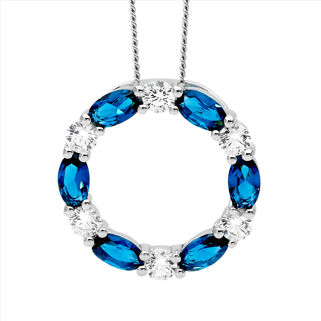 Sterling silver, London Blue oval / WH rnd CZ 19mm circle pendant & chain