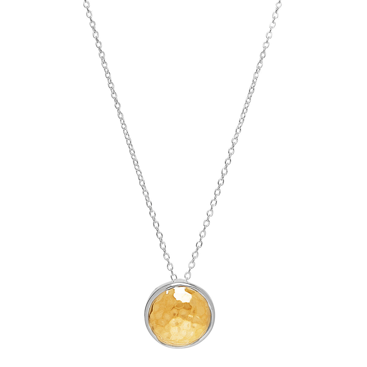 Sterling silver, 16.5mm beaten silver and yellow gold (14k 1mc) plate disc pendant on 45/60cm 1mm trace chain, antitarnish