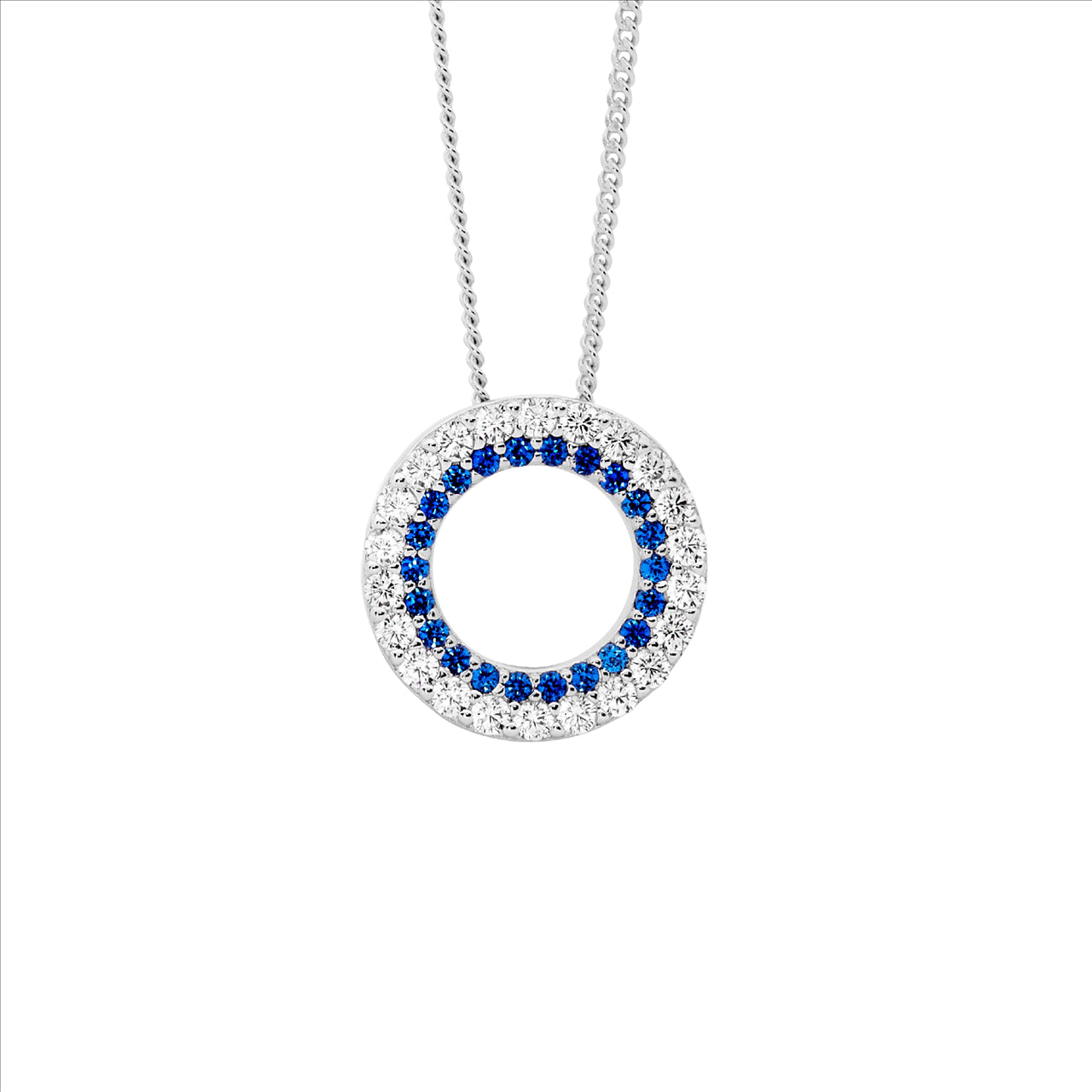 SS WH & dark blue cz 13mm dbl row open circle pendant & chain