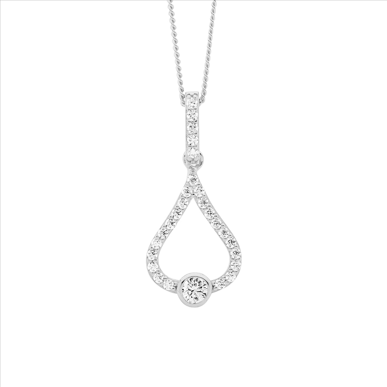 SS WH CZ open tear drop pendant, 1x bezel cz & chain