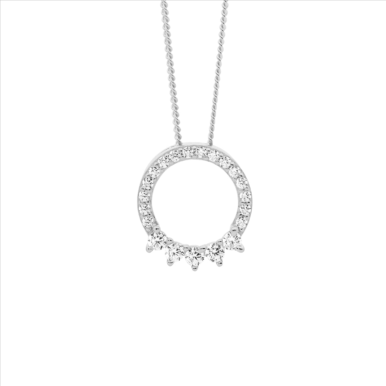 Sterling Silver WH CZ 12mm open circle pendant w/ 5x cz feature & chain