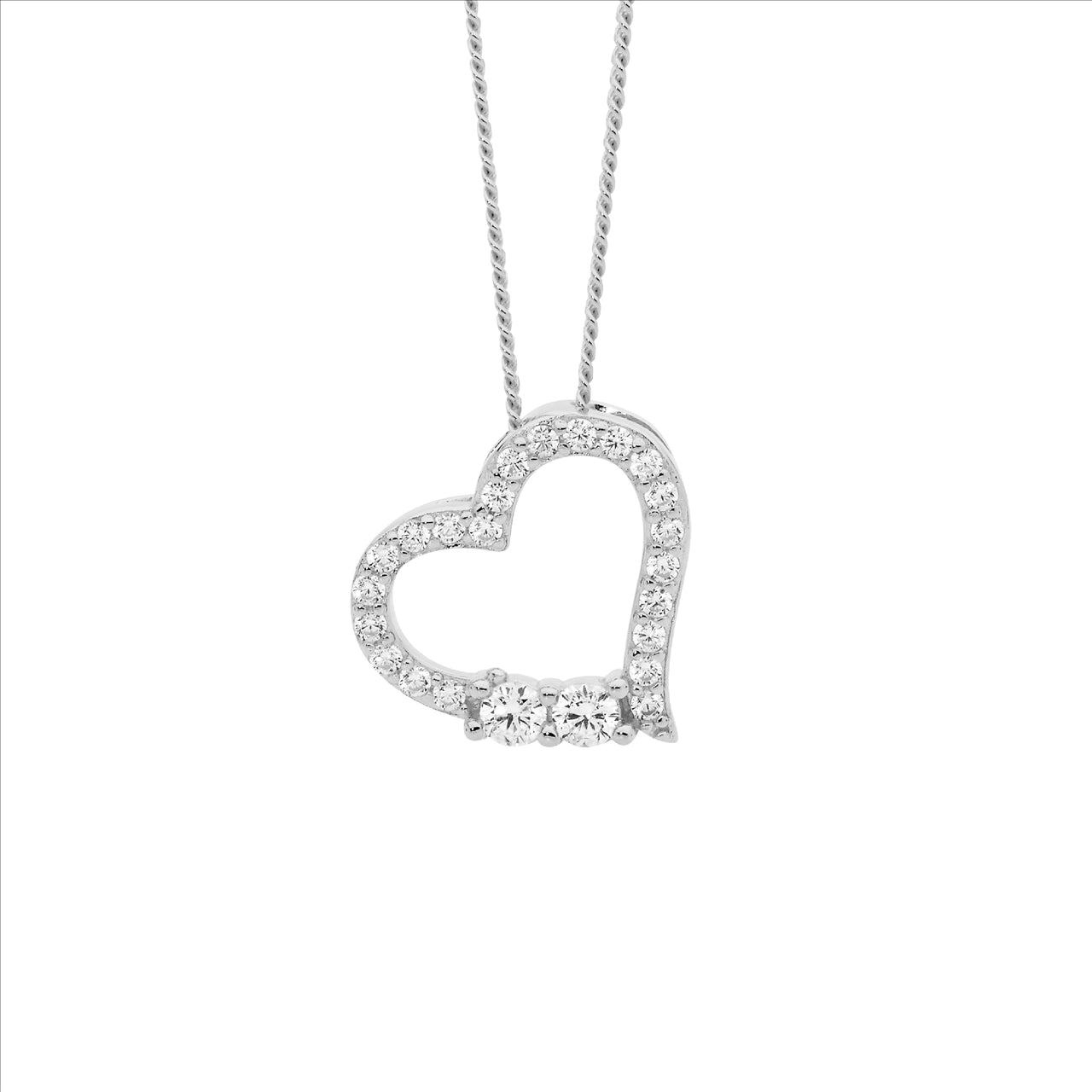 Sterling Silver WH CZ open heart pendant w/ 2x cz feature & chain