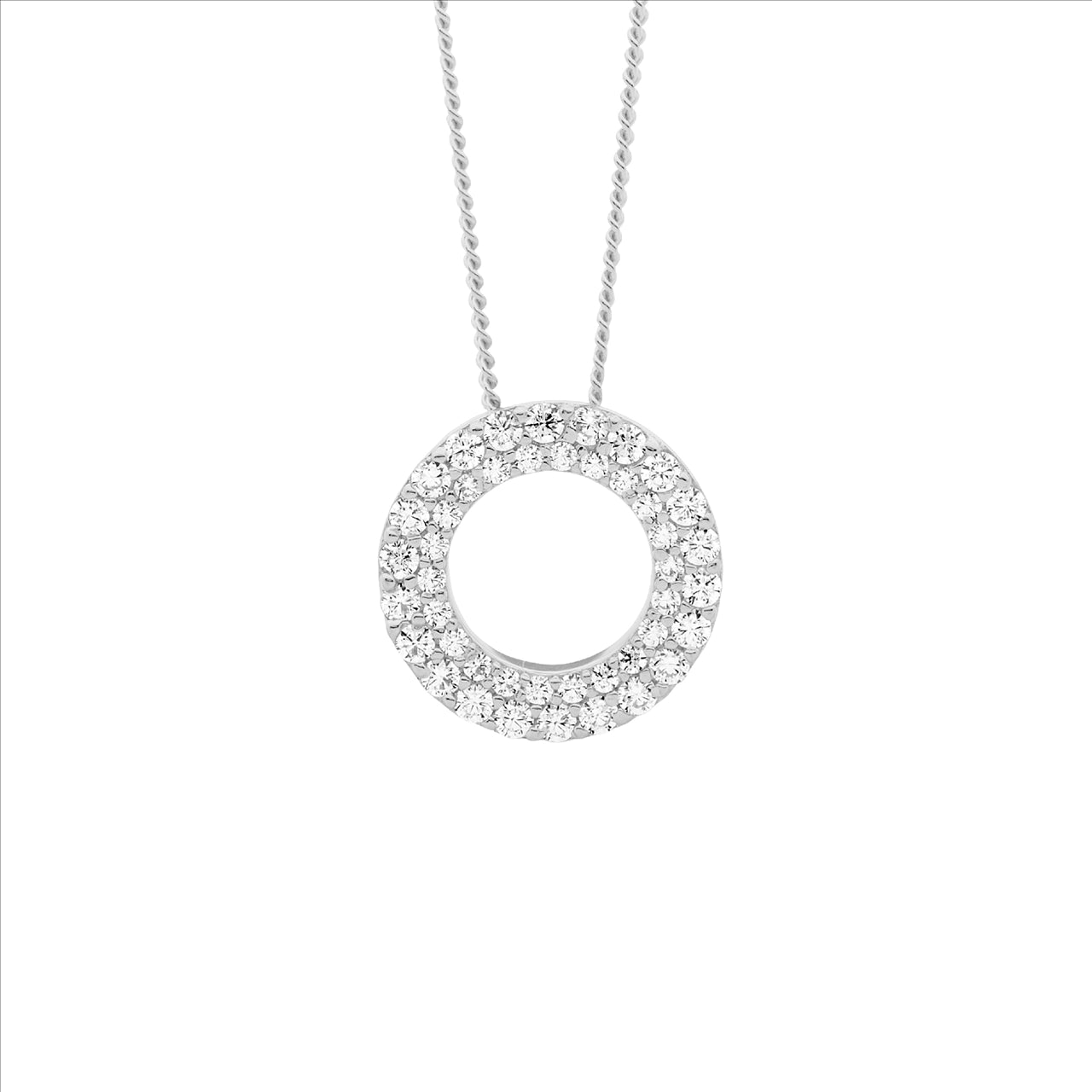 Sterling Silver WH CZ 13mm dbl row open circle pendant & chain