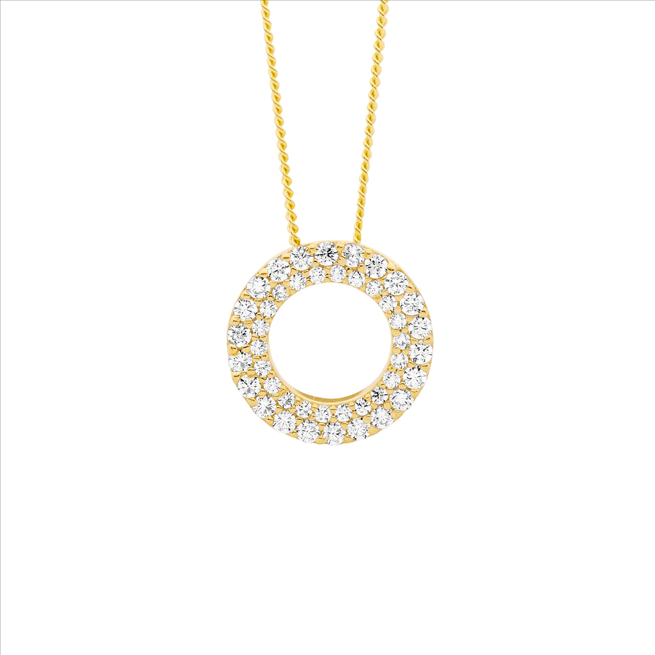 SS WH CZ 13mm dbl row open circle pendant w/ gold plating & chain