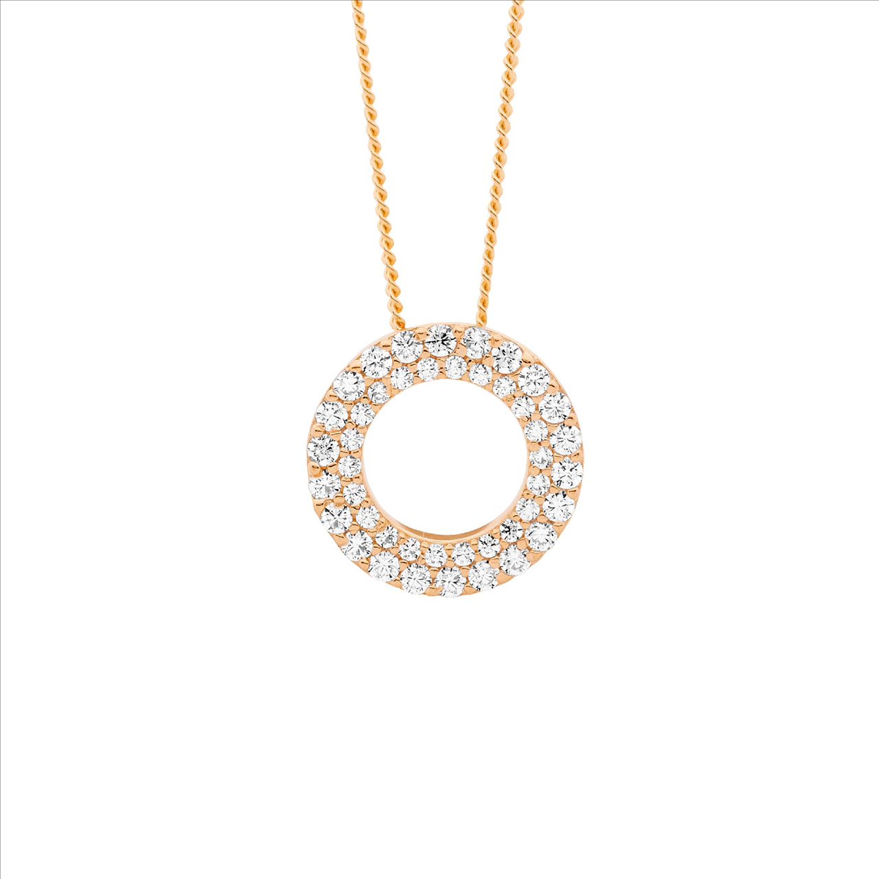 Sterling Silver WH CZ 13mm dbl row open circle pendant w/ rose gold plating & chain