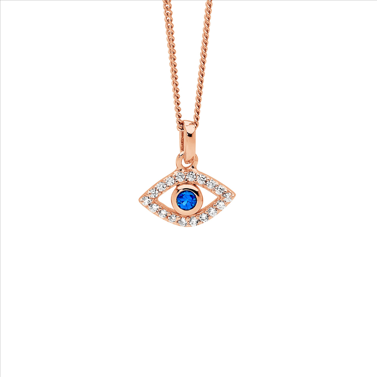 Sterling Silver WH & blue CZ bezel set evil eye pendant w/rose gold plating & chain