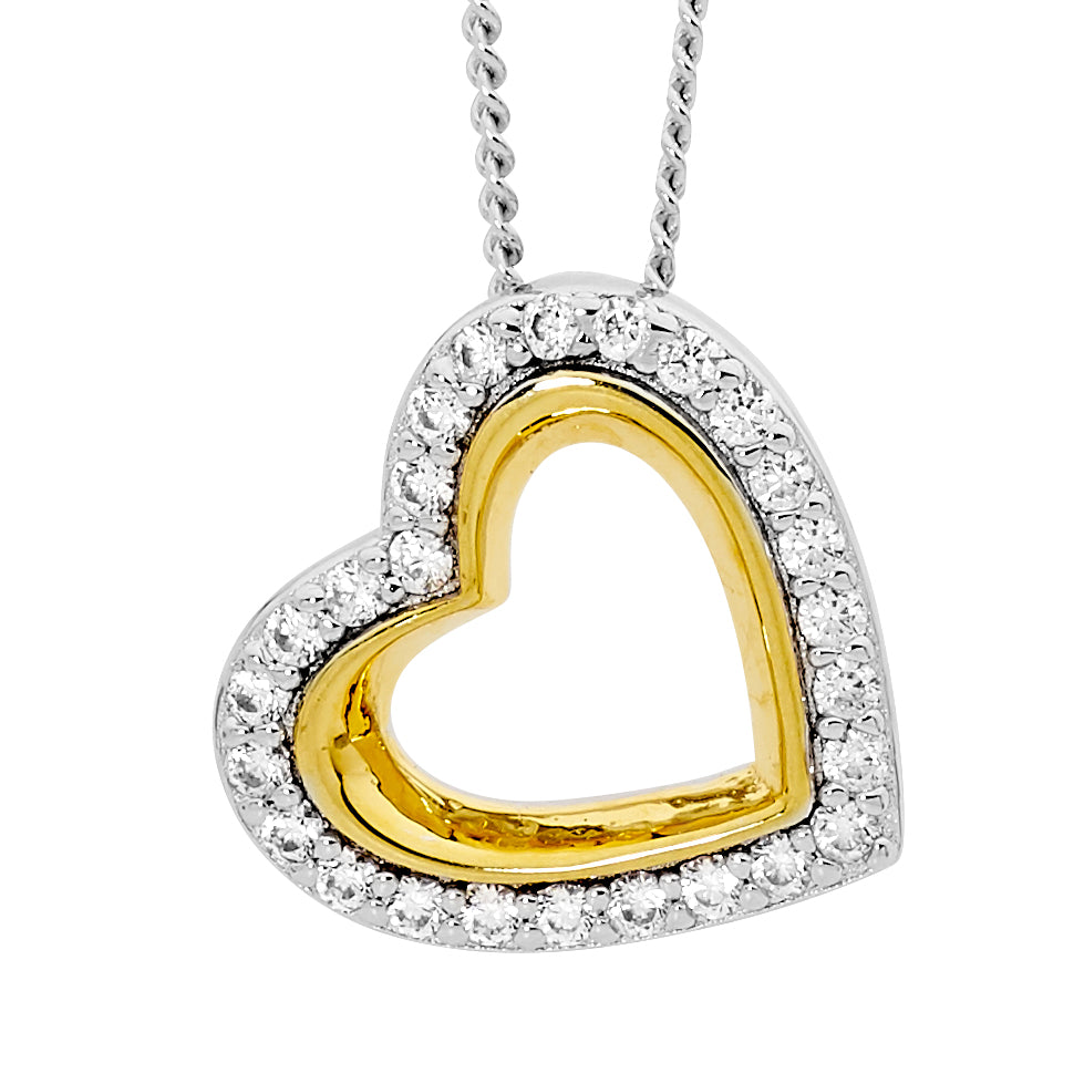 Sterling Silver WH CZ open heart on angle w/ gold plating & chain