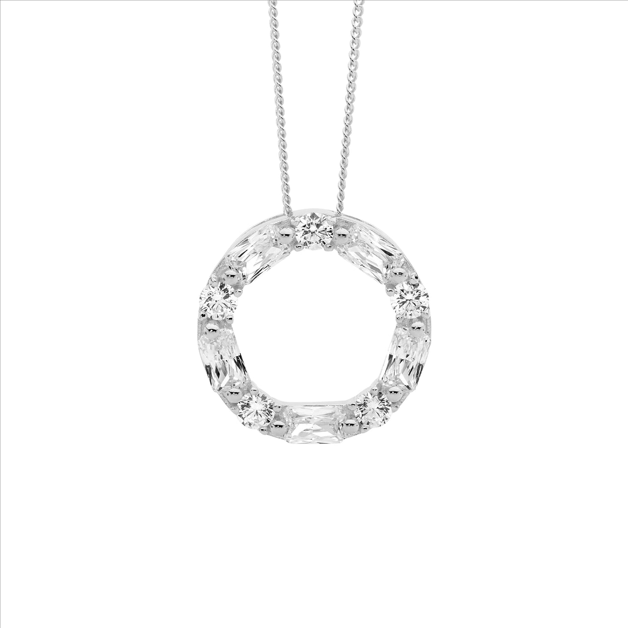 Sterling Silver WH CZ round & baguette 18mm circle pendant & chain