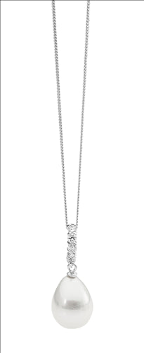 SS WH CZ Drop Pendant w/ Pear Shape WH Shell Pearl pendant and chain