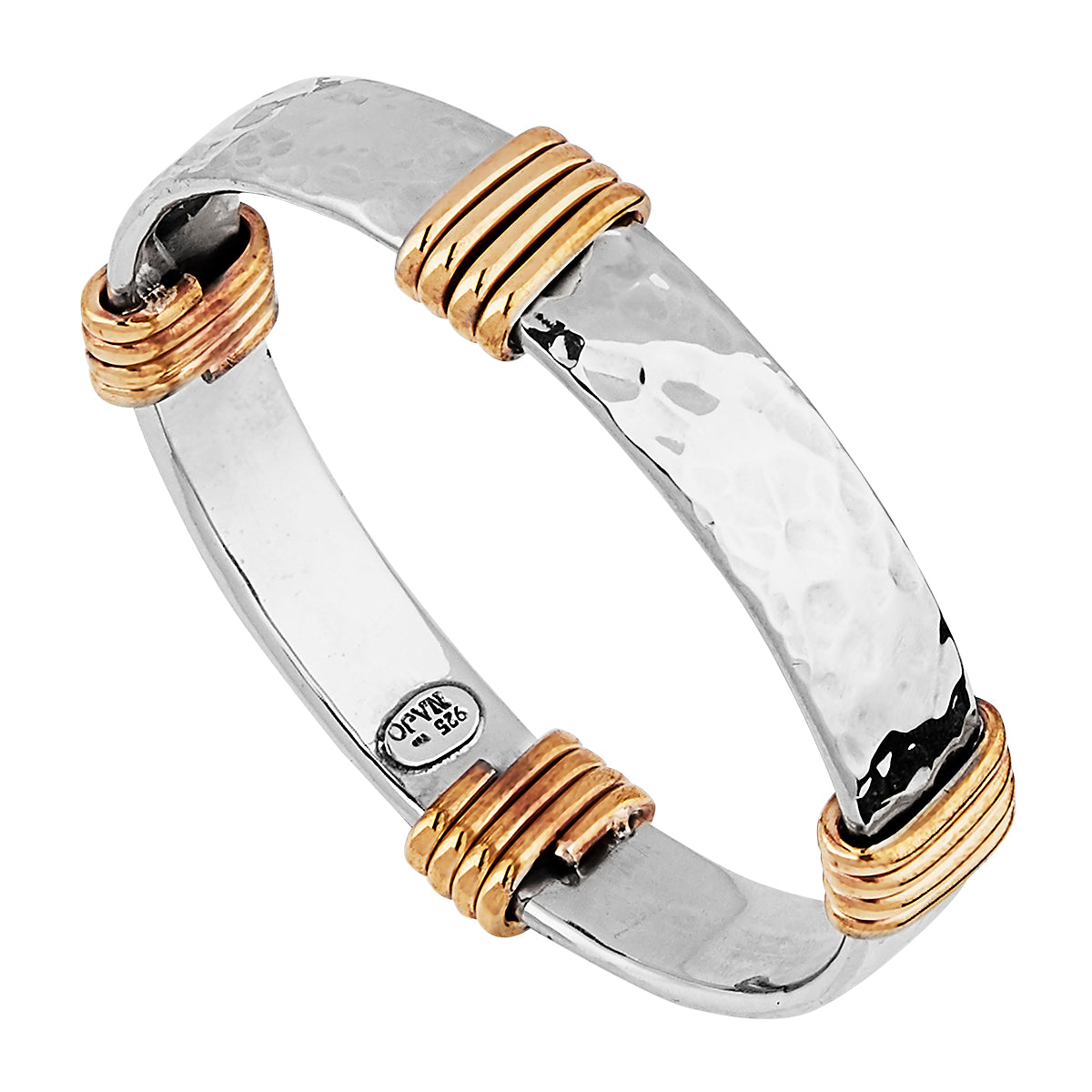 12mm beaten silver rectangular tube bangle with 4 x tumbaga coils, 64mm inner diam