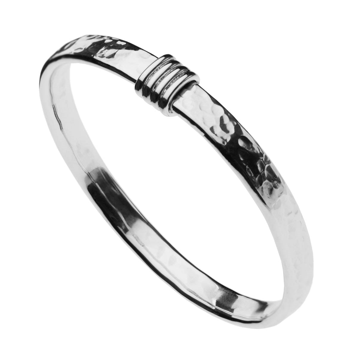 Silver flat beaten bangle with coil feature (8x3mm, 64mmID)