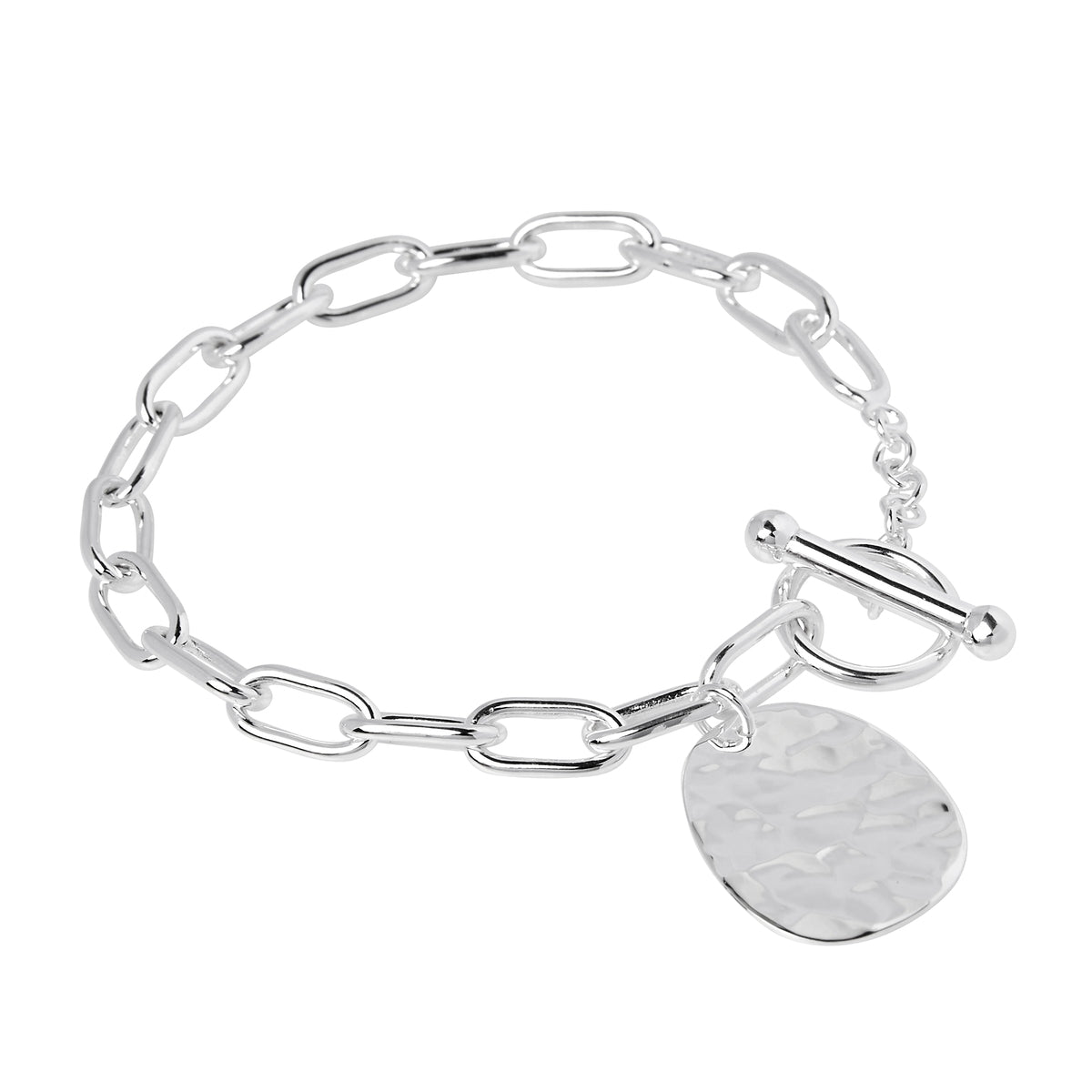 Silver rounded rectangle link chain with beaten disc charm & t-bar clasp, 20cm,