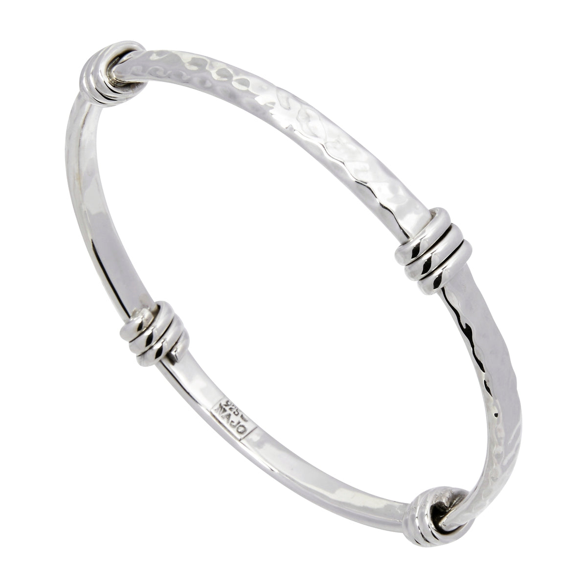 Sterling silver, 5mm beaten silver rectangular tube bangle with 4 coils, 64mm inner diam
