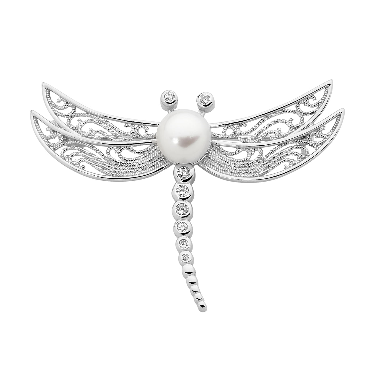 Sterling Silver WH CZ Dragonfly Brooch w/ Freshwater Pearl