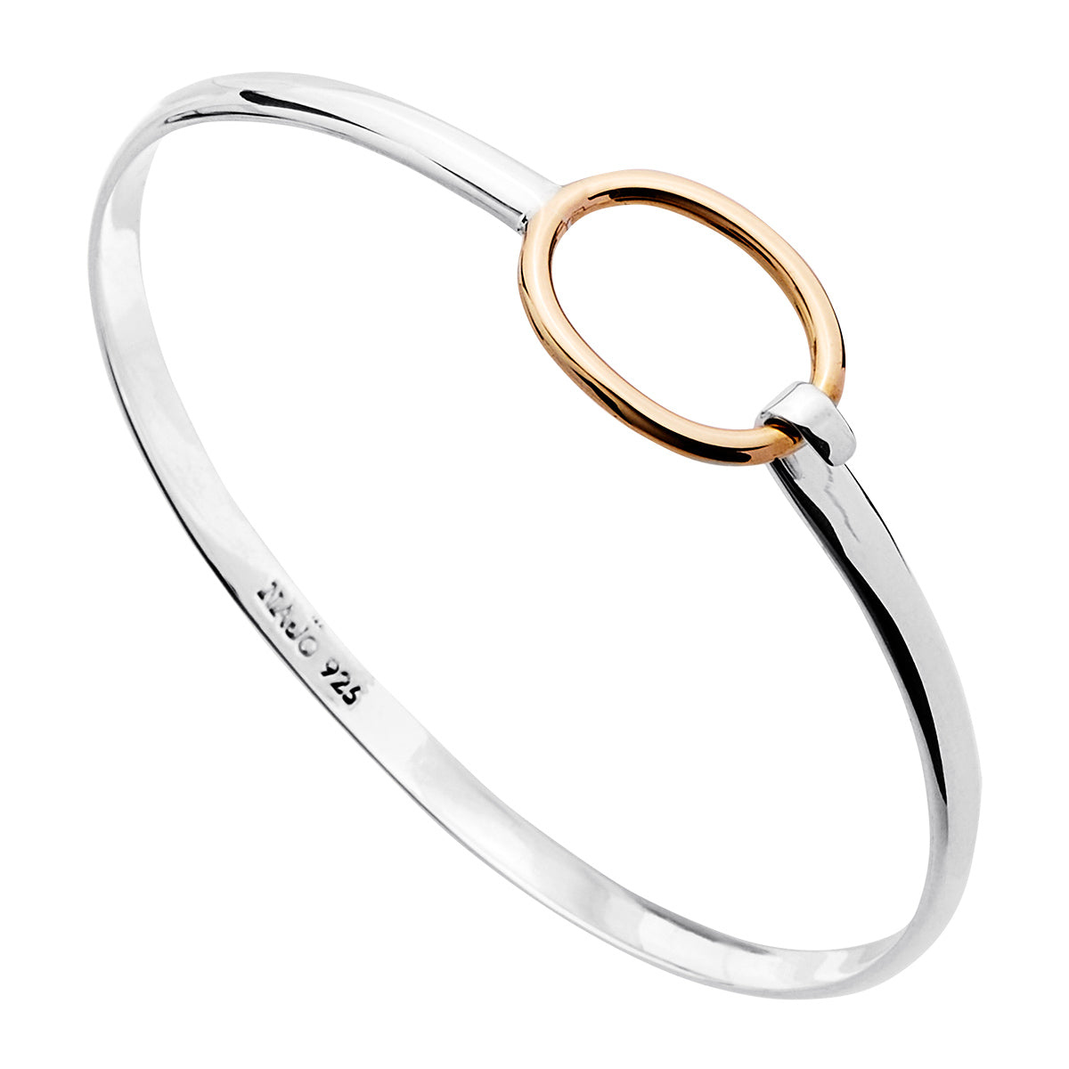 Sterilng silver, tension bangle w Tumbaga oval ring clasp