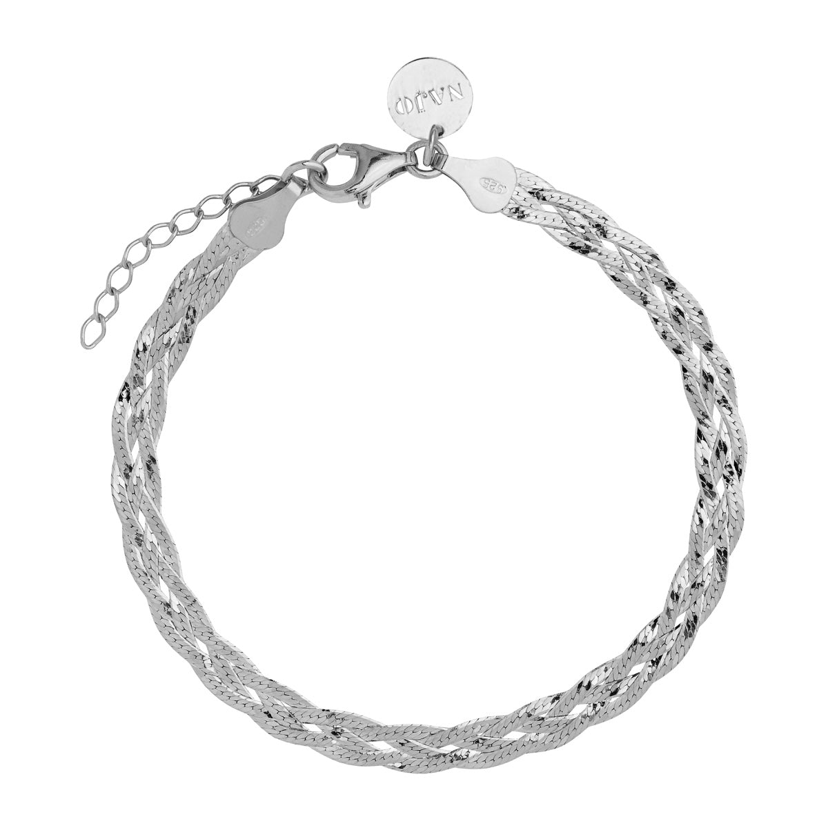 6mm, 4-strand plaited diam.cut silver herringbone chain bracelet, 18.5cm plus 3cm ext, antitarnish