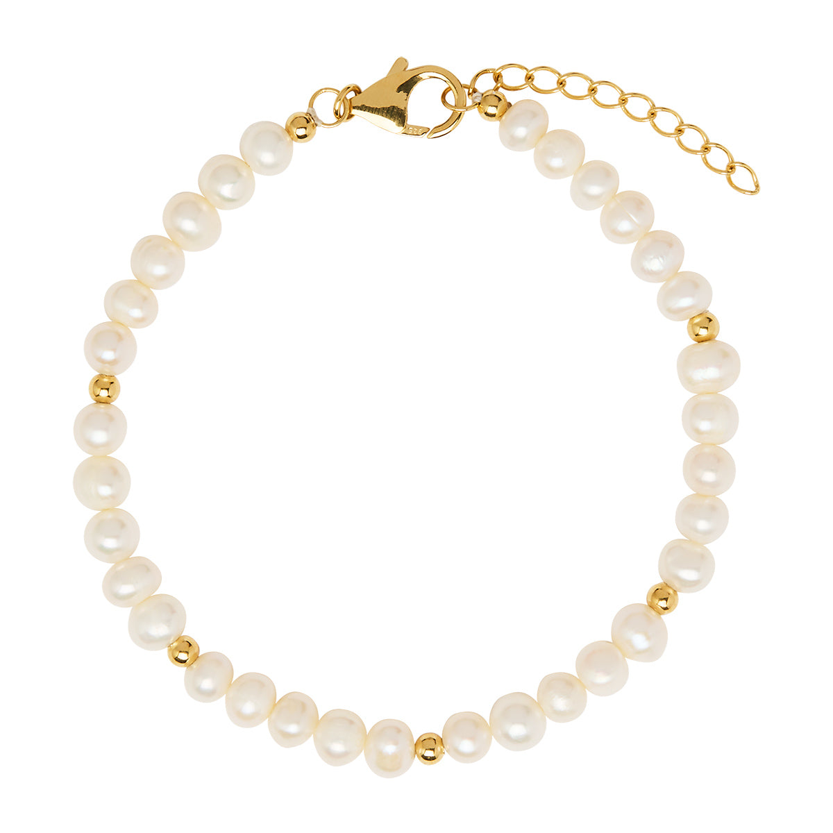 5mm round f/w pearl & yellow gold (14k 1mc) plated silver 3mm bead bracelet, 19cm +3cm ext, antitarnish