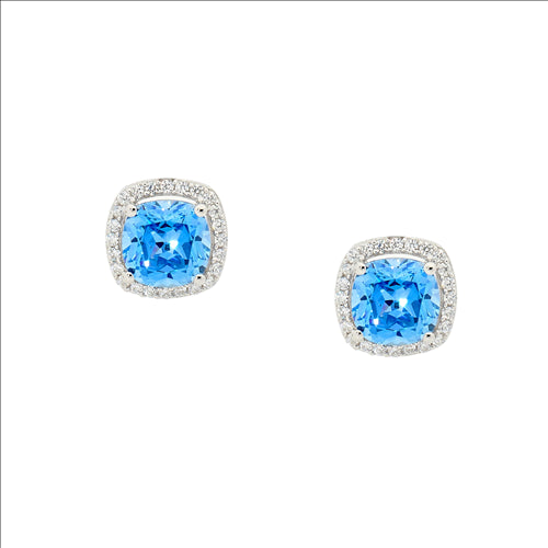 Silver, Fancy Blue CZ cushion cut CZ w halo white dia earring studs