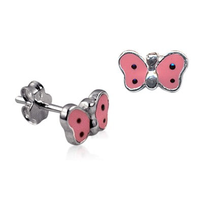 Silver, Pink butterfly enamel kids earrings