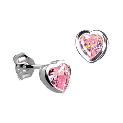 Silver, Pink heart CZ bezel set stud earrings