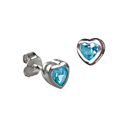 Silver, BLue heart shaped CZ bezel set studs