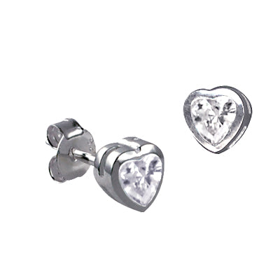 Silver, white CZ heart shaped stud earring