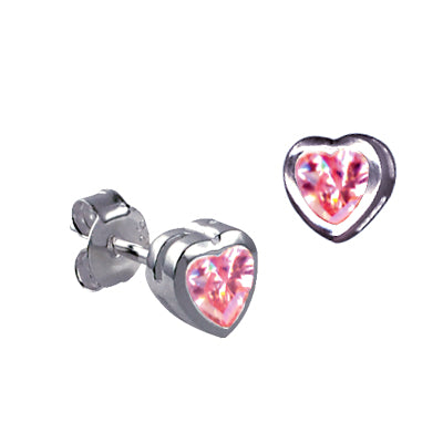 Silver, Pink heart shaped bezel stud earrings